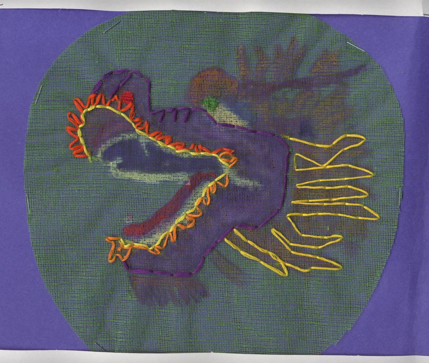 Dragon embroidered and painted